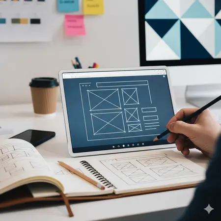 Tasarım taslağı çizen bir tasarımcı ve tablet